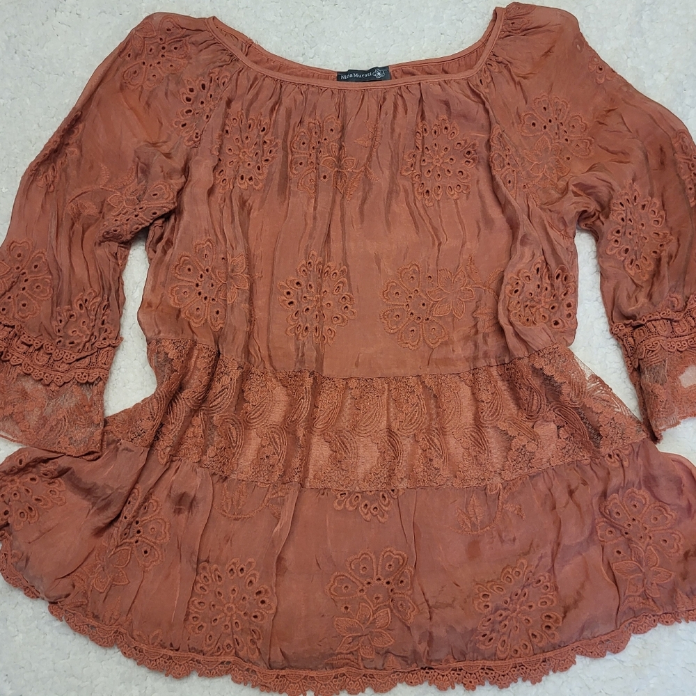 Nina Murati Made In Italy Silk Blend Boho Embroidered Peasant Blouse Size 28/Sm.